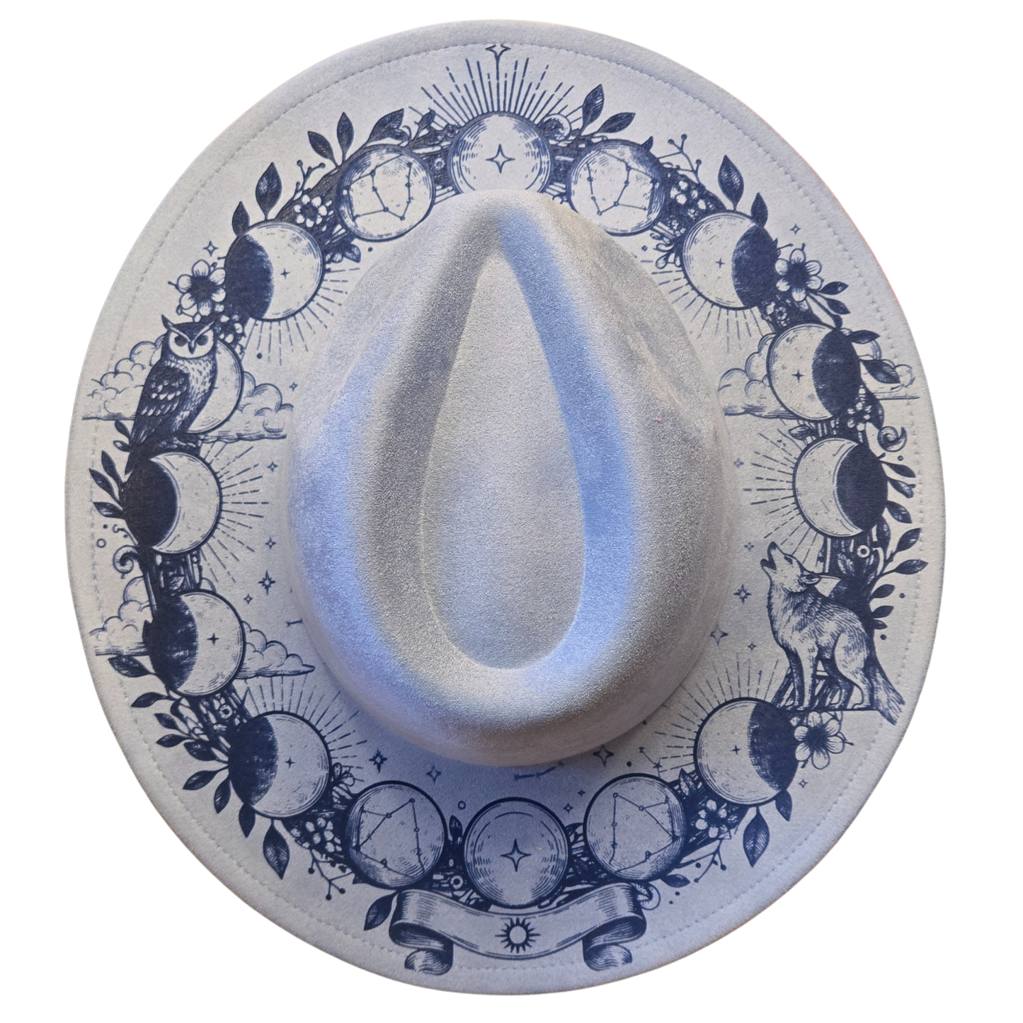 Vegan Suede Laser Etched Hat – Zodiac Moon Design | Artisan Boho Wide Brim Hat Light Blue Color