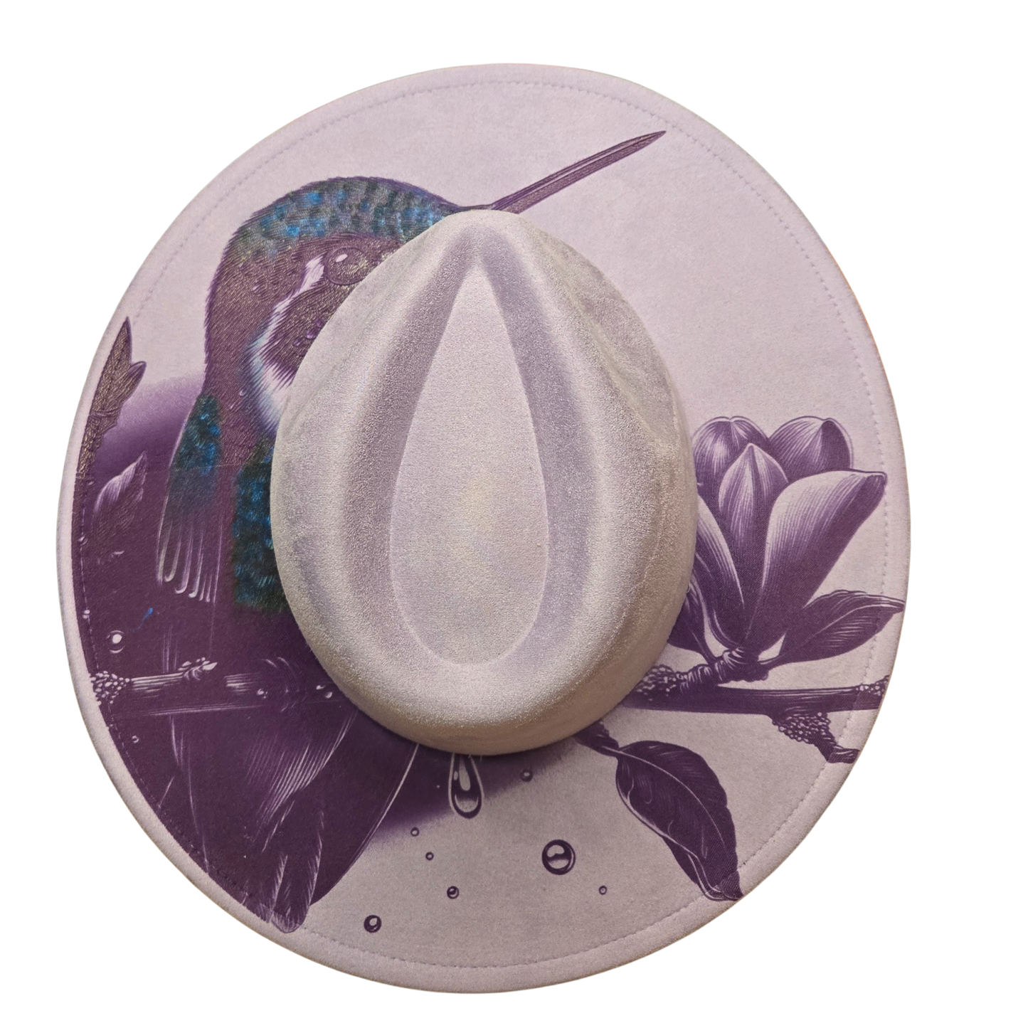 Vegan Suede Laser Etched Hat – Hummingbird Design | Artisan Boho Wide Brim Pale Purple Color