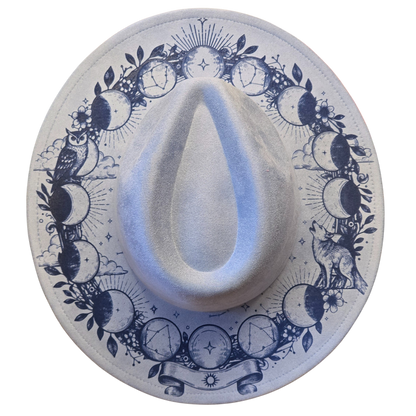 Vegan Suede Laser Etched Hat – Zodiac Moon Design | Artisan Boho Wide Brim Hat Light Blue Color