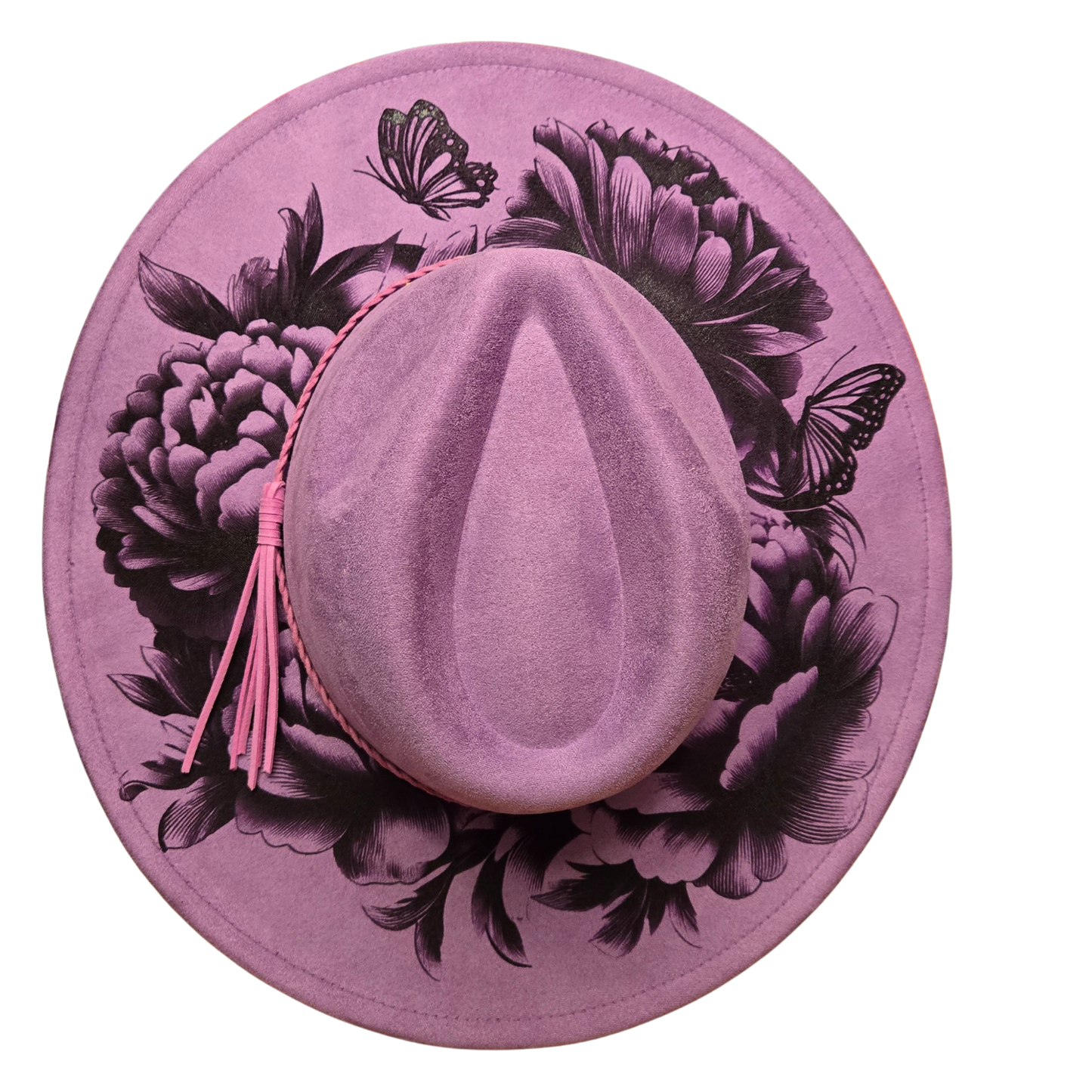 Vegan Suede Laser Etched Hat – Floral Butterfly Design | Artisan Boho Wide Brim Hat Frosted Grape Color Grape