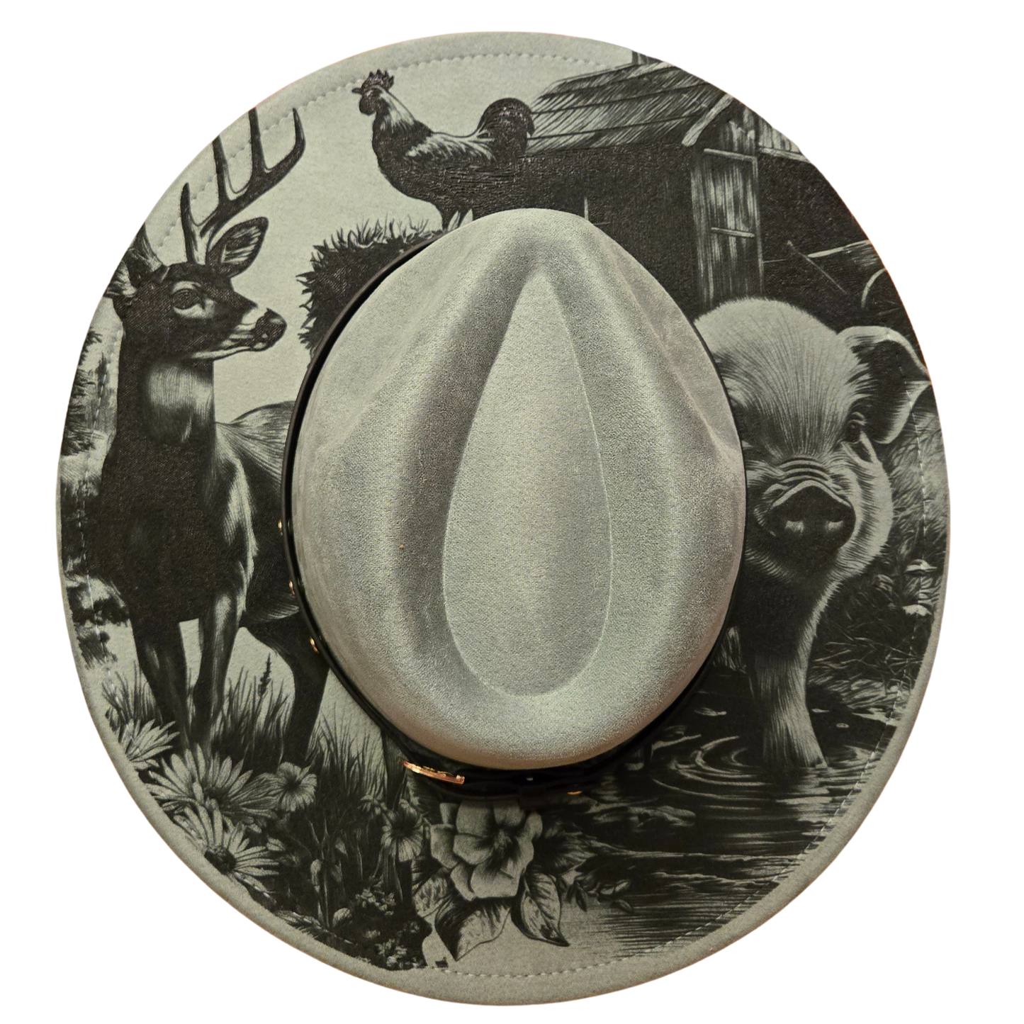 Vegan Suede Laser Etched Hat – Cottage Core Farmyard Design | Artisan Boho Wide Brim Hat Light Grey-Green Color
