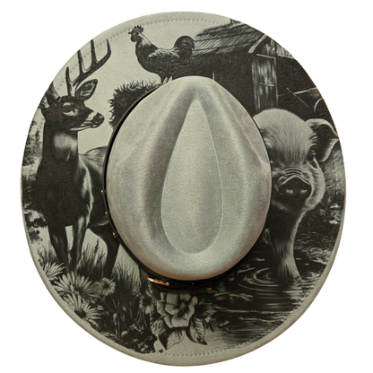 Vegan Suede Laser Etched Hat – Cottage Core Farmyard Design | Artisan Boho Wide Brim Hat Light Grey-Green Color