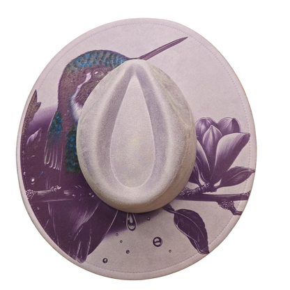 Vegan Suede Laser Etched Hat – Hummingbird Design | Artisan Boho Wide Brim Pale Purple Color