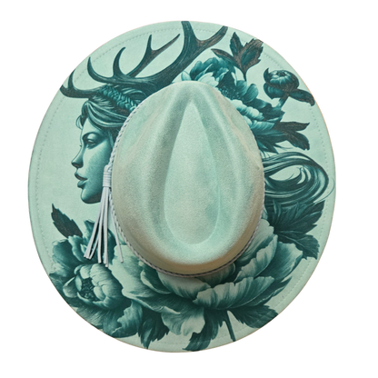 Vegan Suede Laser Etched Hat – Forest Fairy Design | Artisan Boho Wide Brim Hat Light Green (Khaki) Color
