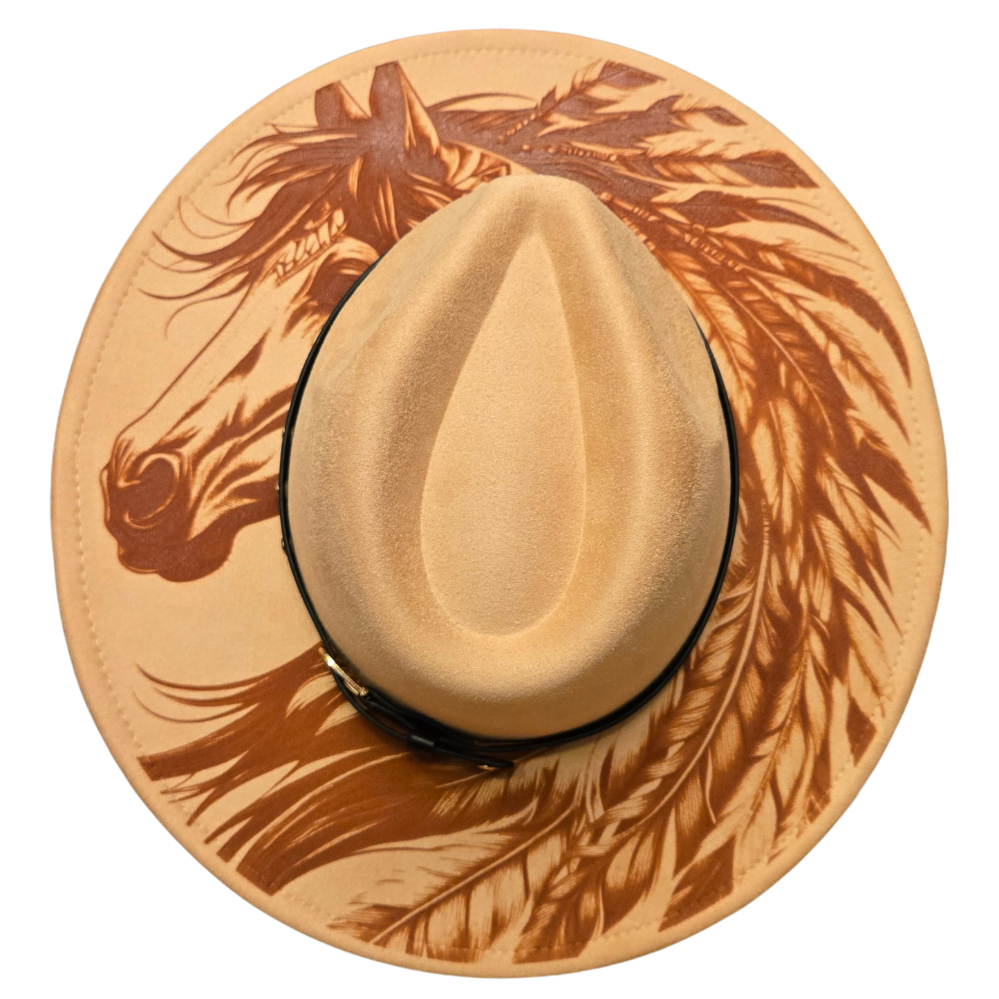 Vegan Suede Laser Etched Hat – Wild Mustang with Feathers | Artisan Boho Wide Brim Hat Beige Colored