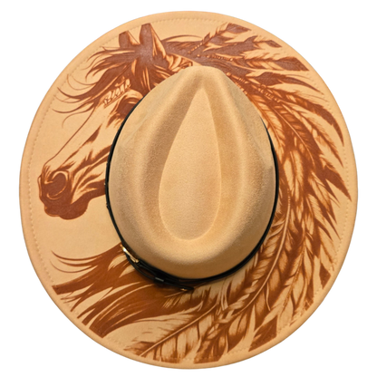 Vegan Suede Laser Etched Hat – Wild Mustang with Feathers | Artisan Boho Wide Brim Hat Beige Colored