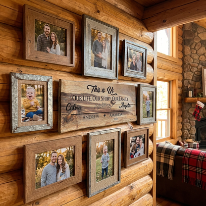 A rustic family photo gallery wall mounted on a log cabin wall, featuring multiple frames and a central personalized wooden sign with family photos.