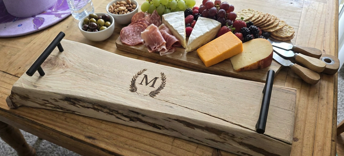 Personalized Live-Edge Charcuterie Board with Handles | Custom Monogram Serving Board