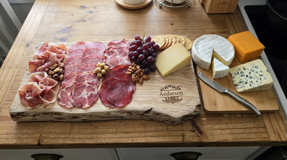 Live-Edge Wood Family Serving Board | Personalized Live-Edge Wood Cutting or Charcuterie Board | Scroll Monogram