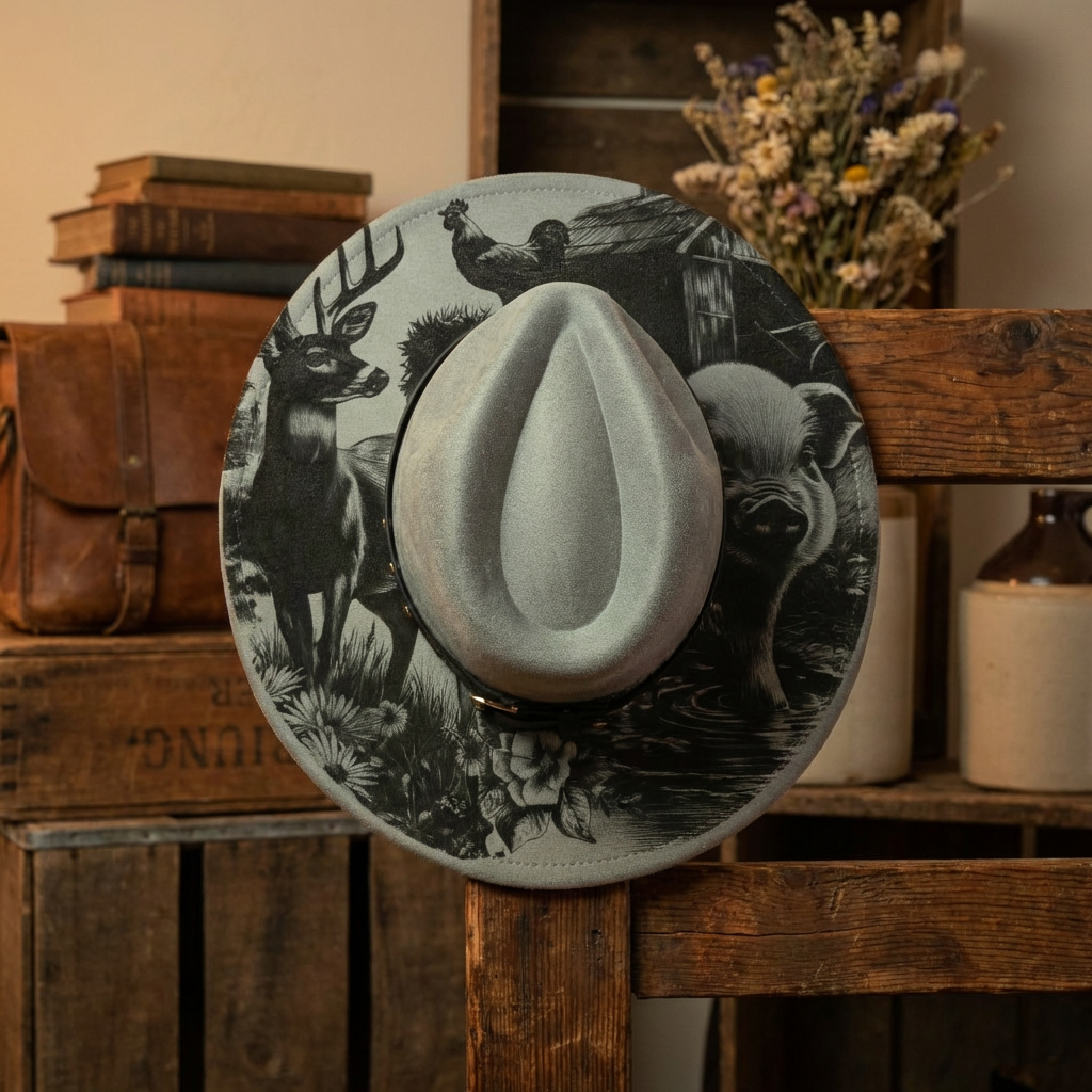 Vegan Suede Laser Etched Hat – Cottage Core Farmyard Design | Artisan Boho Wide Brim Hat Light Grey-Green Color