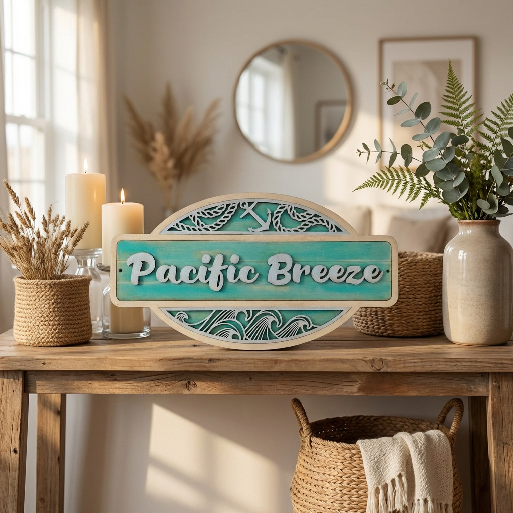 Decorative sign with 'Pacific Breeze' on a wooden table in a home setting.