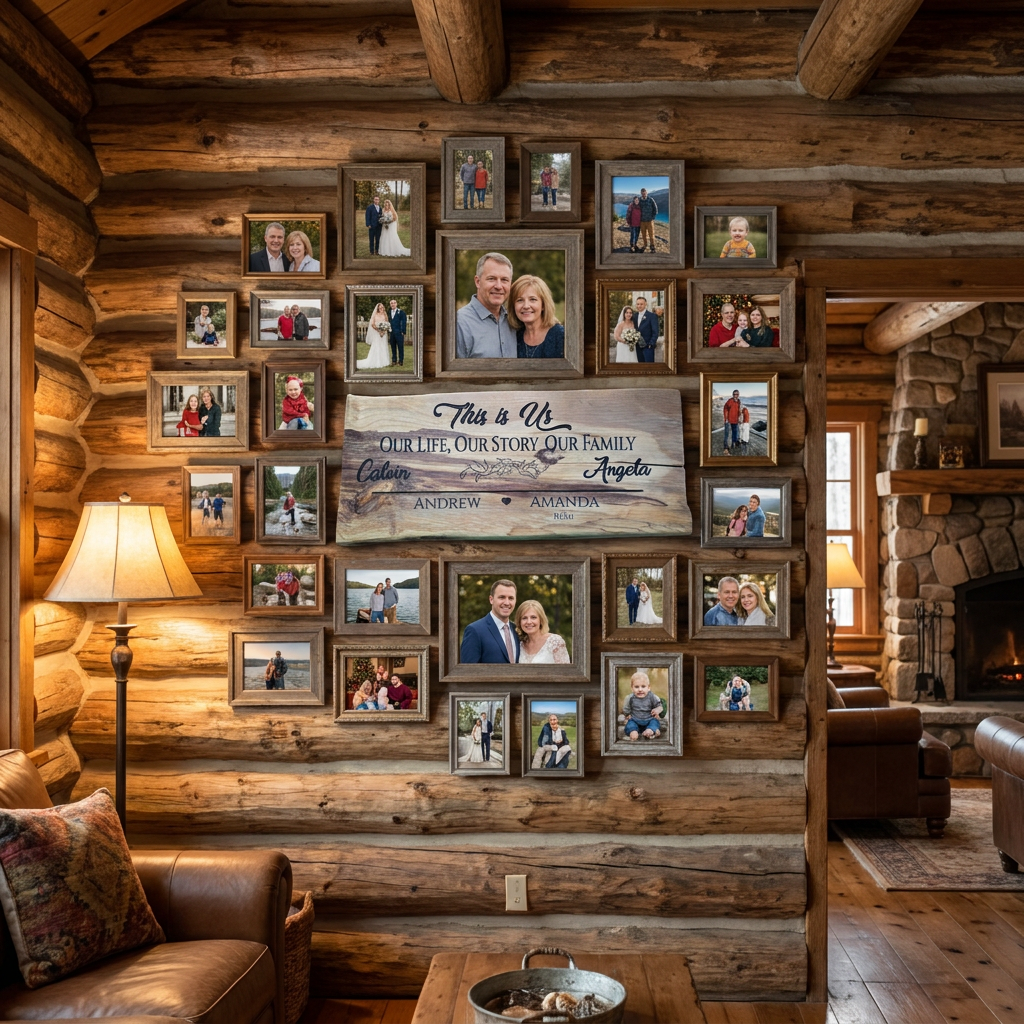 A rustic log cabin living room featuring a large custom family photo gallery wall. The wall is decorated with numerous small framed photos of couples and children, a central wooden sign reading 'This is Our Life, Our Story, Our Family' with personalized names, and a larger central portrait of a smiling couple.