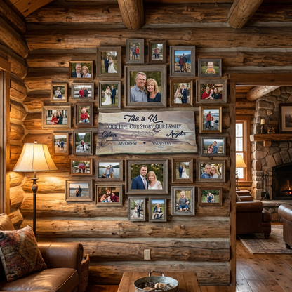 A rustic log cabin living room featuring a large custom family photo gallery wall. The wall is decorated with numerous small framed photos of couples and children, a central wooden sign reading 'This is Our Life, Our Story, Our Family' with personalized names, and a larger central portrait of a smiling couple.
