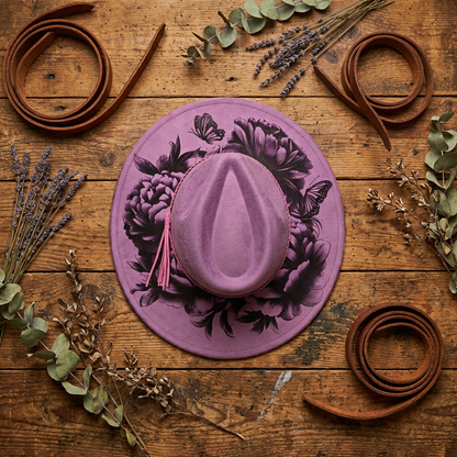 Vegan Suede Laser Etched Hat – Floral Butterfly Design | Artisan Boho Wide Brim Hat Frosted Grape Color Grape