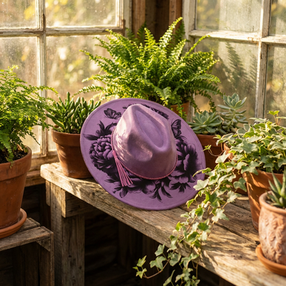 Vegan Suede Laser Etched Hat – Floral Butterfly Design | Artisan Boho Wide Brim Hat Frosted Grape Color Grape
