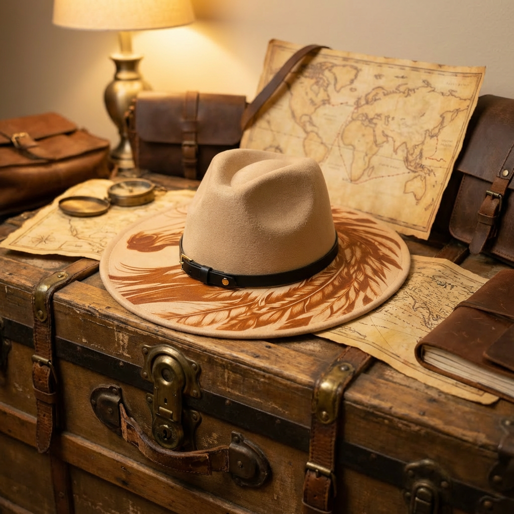 Vegan Suede Laser Etched Hat – Wild Mustang with Feathers | Artisan Boho Wide Brim Hat Beige Colored