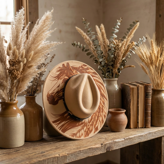 Vegan Suede Laser Etched Hat – Wild Mustang with Feathers | Artisan Boho Wide Brim Hat Beige Colored