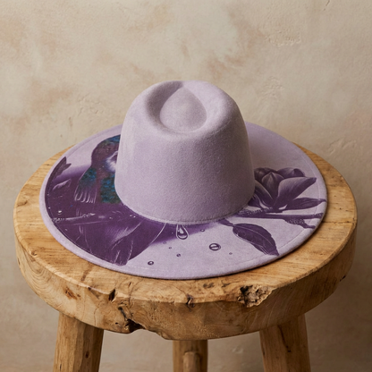 Vegan Suede Laser Etched Hat – Hummingbird Design | Artisan Boho Wide Brim Pale Purple Color