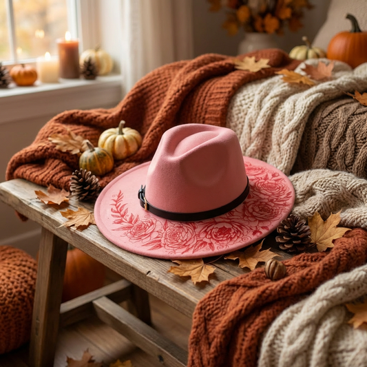 Vegan Suede Laser Etched Hat – Rose Garland Design | Artisan Boho Wide Brim Hat Dark Pink Color
