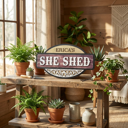She Shed Wooden Sign – Laser Cut Rustic Garden & Backyard Decor