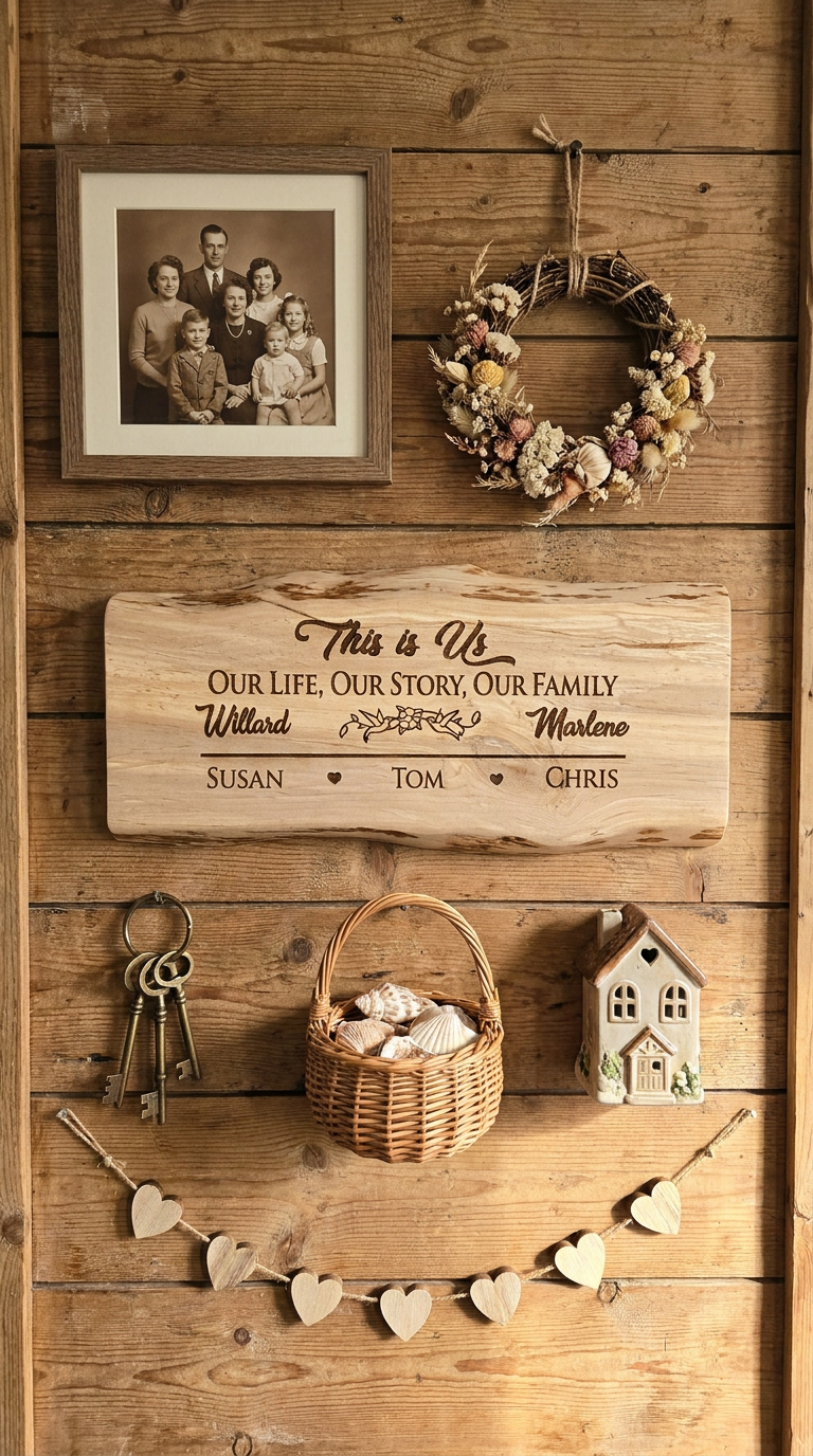 A rustic wooden wall display featuring a personalized family name sign that reads 'This is Us Our Life. Our Story.