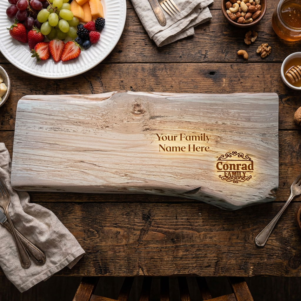 Live-Edge Wood Family Serving Board | Personalized Live-Edge Wood Cutting or Charcuterie Board | Scroll Monogram