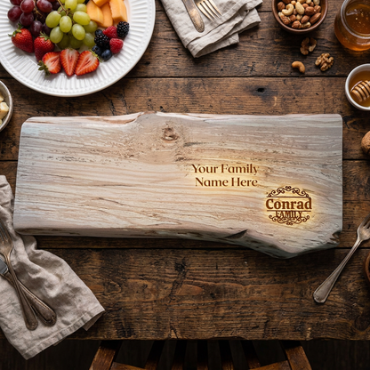 Live-Edge Wood Family Serving Board | Personalized Live-Edge Wood Cutting or Charcuterie Board | Scroll Monogram