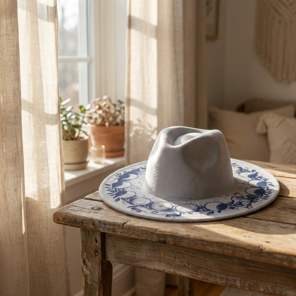 Vegan Suede Laser Etched Hat – Zodiac Moon Design | Artisan Boho Wide Brim Hat Light Blue Color