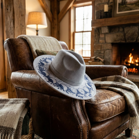 Vegan Suede Laser Etched Hat – Zodiac Moon Design | Artisan Boho Wide Brim Hat Light Blue Color