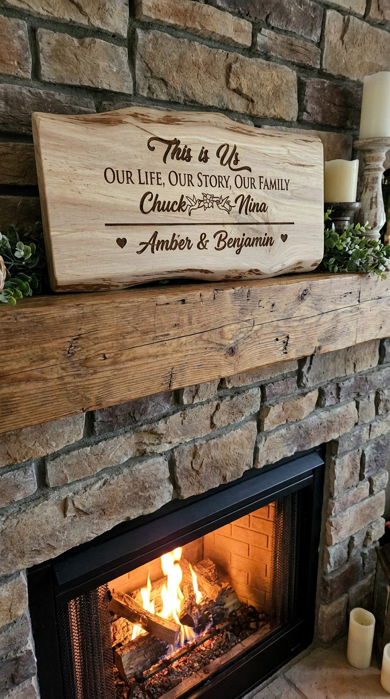 A personalized wooden sign with a live edge and engraved family text, displayed on a rustic stone fireplace mantel above a burning fire.