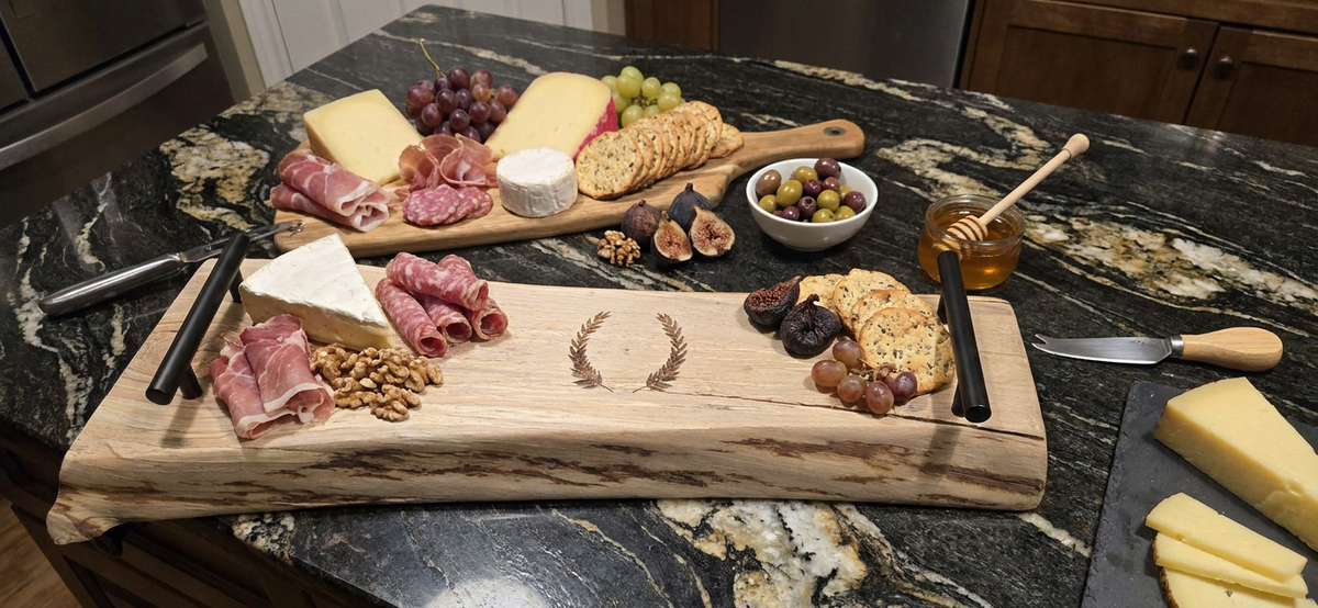 Personalized Live-Edge Charcuterie Board with Handles | Custom Monogram Serving Board