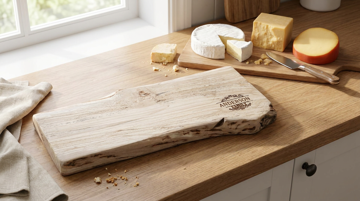 Live-Edge Wood Family Serving Board | Personalized Live-Edge Wood Cutting or Charcuterie Board | Scroll Monogram