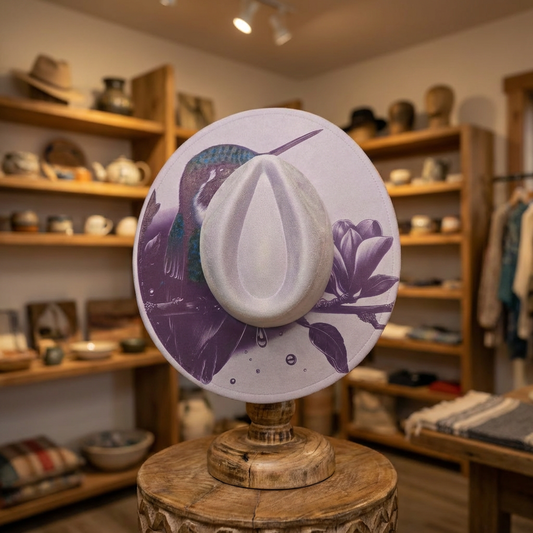 Vegan Suede Laser Etched Hat – Hummingbird Design | Artisan Boho Wide Brim Pale Purple Color